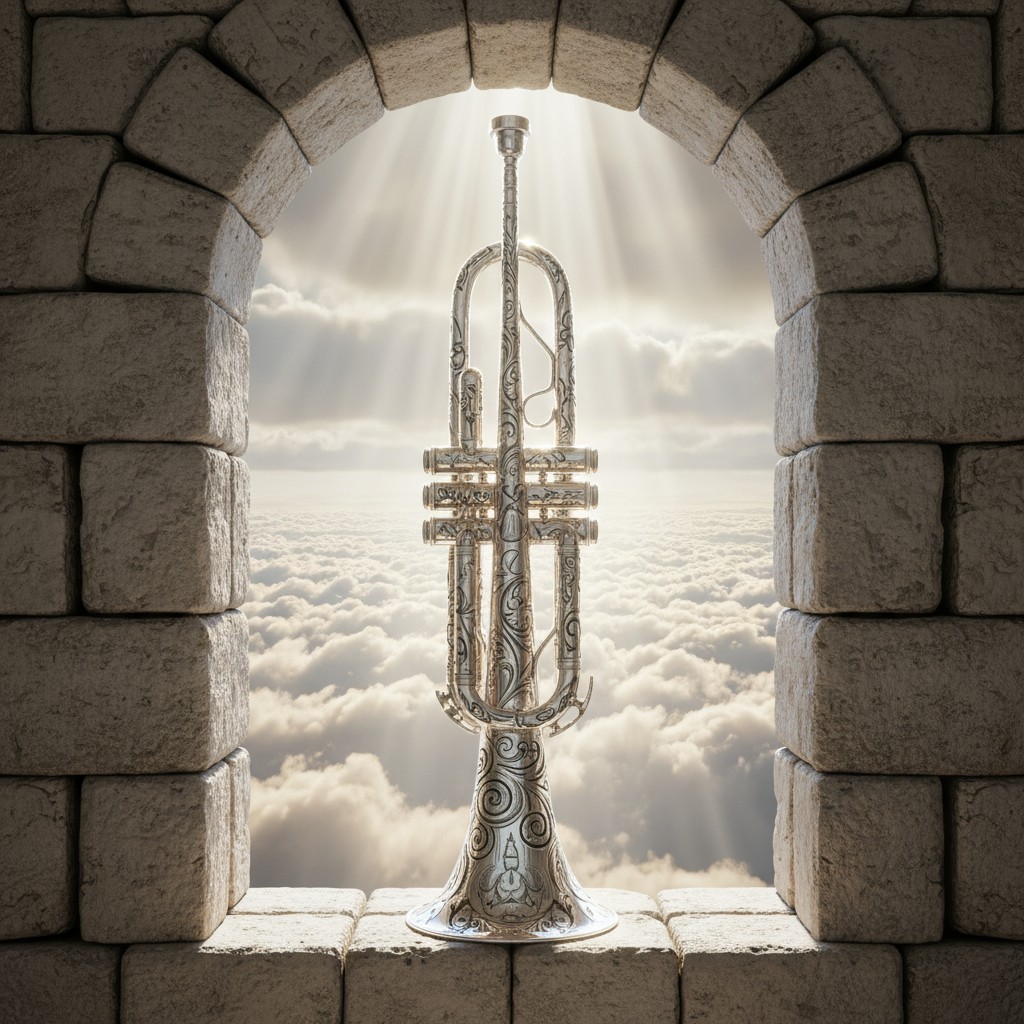 A solo trombone sits atop a stone ledge in an opening that has the sky with clouds and sun rays showing through. The mater...
